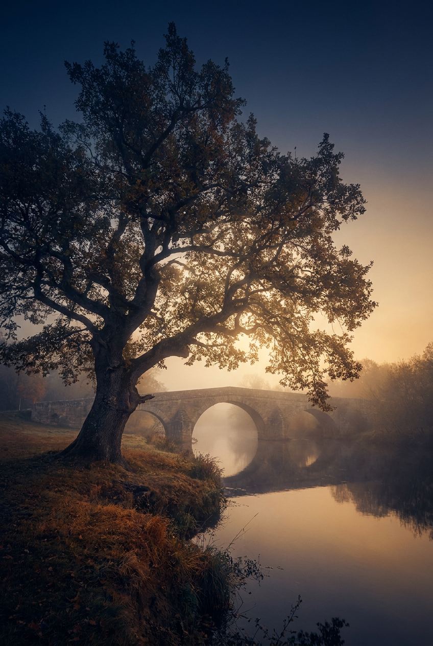 An oak tree beside a stone arch bridge at dawn, symbolising Oakbridge Law's enduring counsel and cross-border practice